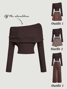SHEIN MOD Women's Casual Solid Color Off-Shoulder Sweater, Autumn/Winter - Brown - View 1