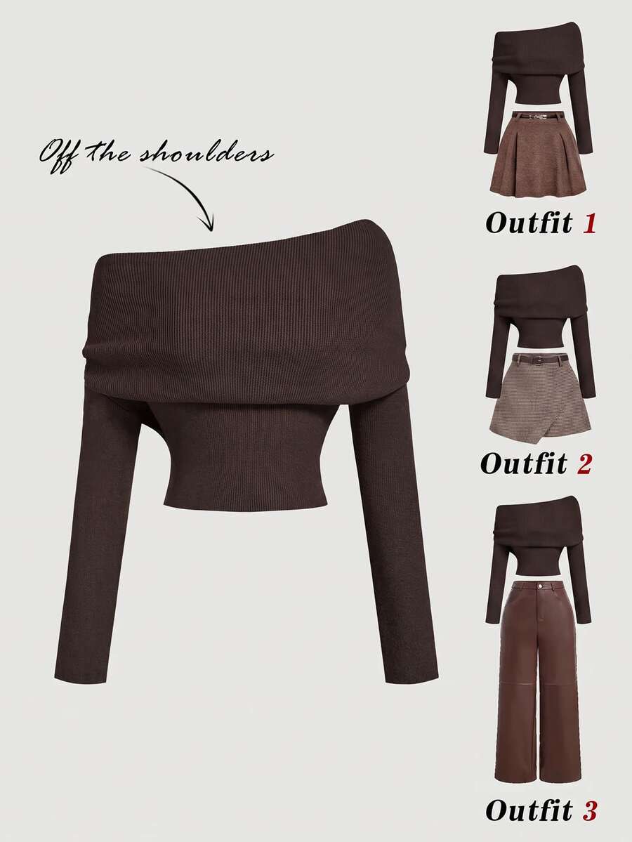 SHEIN MOD Women's Casual Solid Color Off-Shoulder Sweater, Autumn/Winter - Brown - View 1