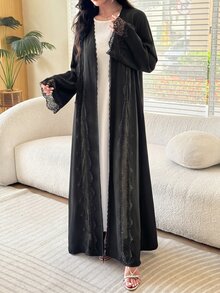 Al Najma Romantic Elegant Solid Color Flared Mesh Lace Decor Women's Abaya - Black - View 7