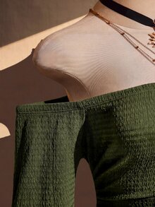 SHEIN ICON 女款大尺碼黑色紋理單肩洋裝 秋季 - 軍綠色 - 查看 4