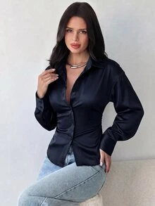 Firerie 女款長袖襯衫，後腰收腰襯衫，日常通勤襯衫，度假襯衫，收腰襯衫，春夏秋冬通勤服飾，優雅，度假，波希米亞風，工作服 - 藏蓝色 - 查看 8
