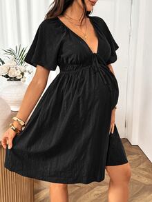SHEIN Maternity Solid Color Deep V-Neck Pleated Casual Daily Summer Dress - Black - View 4
