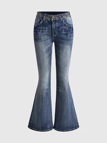 ROMWE Grunge Punk Y2K Street Punk Retro Metal Rivet Design Ultra Low Waist Flared Jeans - Blue - View 1