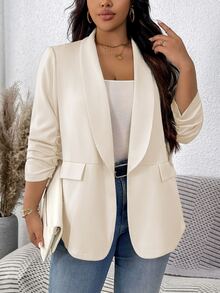 SHEIN LUNE Plus Size Women's Solid Color Pleated Sleeve Blazer In Fall/Winter - Beige - View 5