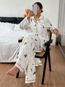 Napfluff CURVE Napfluff CURVE Bubble Crepe Plaid Star & Bear Print Lapel Cardigan Long Sleeve Pants Plus Size Pajama Set - Multicolor - View 4