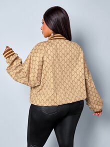 SOLERSUN Plus Size Women's Printed Baseball Jacket Short Zip-Up Jacket With Pocket Design Vintage Top Fall - Khaki - View 7