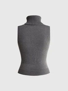 ROMWE Women's High Neck Vintage Cable Knit Vest Cute - Grey - View 2