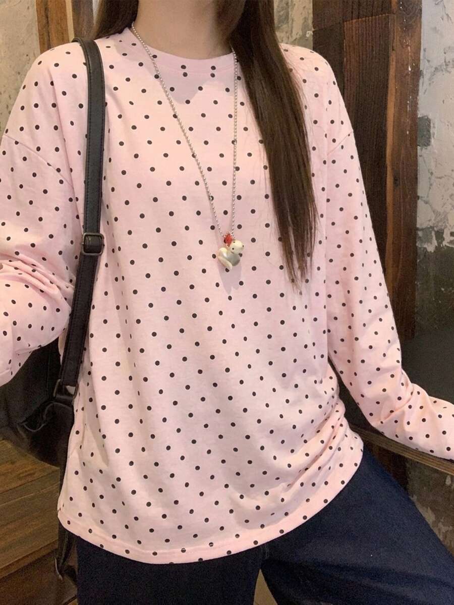DAZY 女款圓領寬鬆長袖波點長版T恤 - 粉色 - 查看 1
