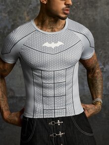 BATMAN X SHEIN Men's Geometric Bat Print Short Sleeve Slim Fit T-Shirt - Grey - View 5