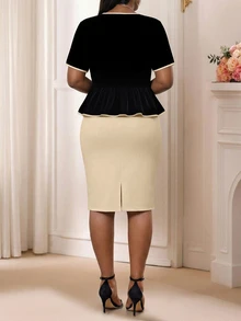 SHEIN Lady 大尺碼女款蝴蝶結裝飾短袖上衣與裙子套裝 - 卡其色 - 查看 2