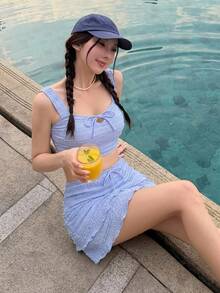 DAZY 女款紋理布料方領連身背心與裙子3件套，休閒連身泳衣沙灘裝，適合女孩 - 藍色 - 查看 4