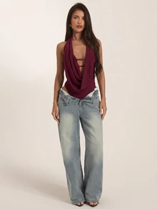 SHEIN BAE Spring/Summer Brown Draped Neck Deep V Cut-Out Fitted Bodysuit, Sexy Hot Girl Style For Date, Party, Vacation Top - Burgundy - View 5