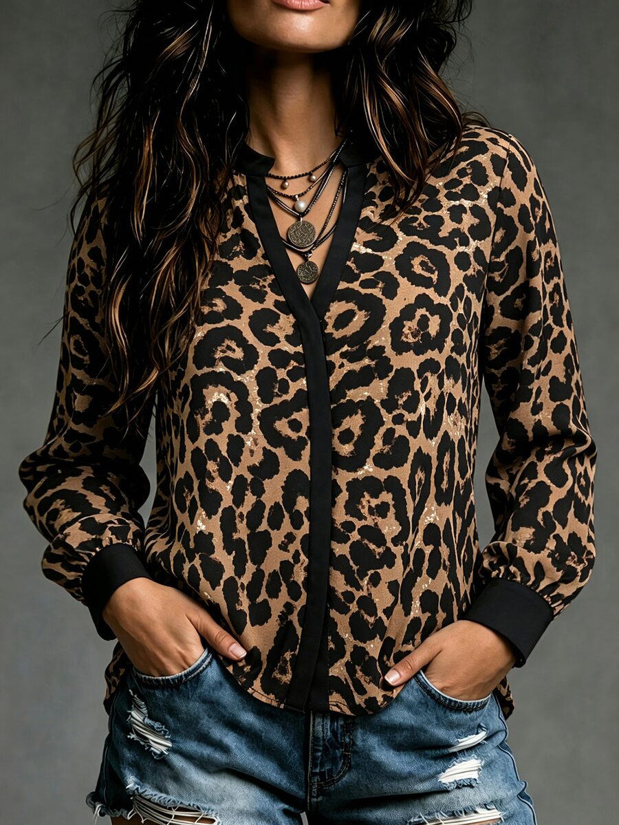 Trelyra Plus Size Women's Leopard Print Notch V-Neck Long Sleeve Casual Shirt - Brown - View 1