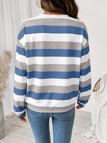 SHEIN LUNE 女款運動衫，秋季服飾，休閒極簡復古優雅通勤百搭保暖印花圖案藍白條紋，秋季穿搭，女款通勤穿搭，百搭上衣，外出穿搭，機場穿搭 - 白色 - 查看 2