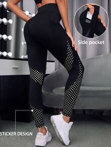SHEIN Sports 圓點印花拼接高腰運動緊身褲 - 彩色 - 查看 2