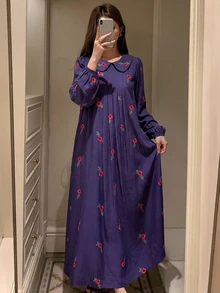 DAZY 花卉印花短袖寬鬆長洋裝 夏季女款睡裙 - 紫色 - 查看 6