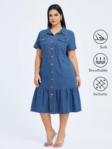 Flexra Casual Sweet Loose Ruffle Button Blue Daily Stretchy Comfortable Flattering Wear Denim Dress For Women - Light Wash - View 3