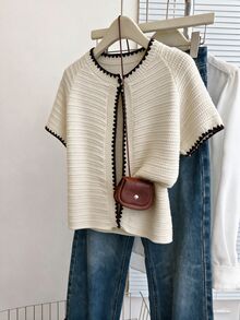 Franclia Áo cardigan len dệt kim tay ngắn viền gợn sóng phối màu tương phản - Màu be - Xem 3