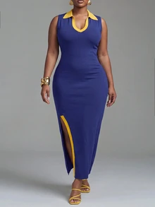 Slaydiva Spring/Summer Women's Plus Size New Bold, Classy Feminine Style Tummy Control Fit Breathable Elegant Romantic Classic Deep Blue & Orange Contrast Deep V Polo Neck High Slit Knit Dress - Multicolor - View 7