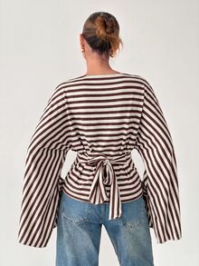 Siren Gaze Women's Boat Neck Batwing Long Sleeve Striped T-Shirt, Autumn New Style - Brown - View 2