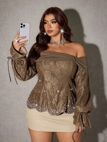 Viva Relle Plus Size Women's Button Decor Off-Shoulder Beaded Hem Split Sleeve Elegant Blouse - Olive Green - View 2