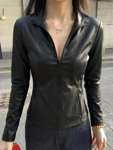 DAZY Women's Solid Color PU Leather Zipper Front Jacket, Spring Fall - Black - View 4