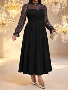 Fleurora Plus Size Women's Patchwork Glitter Mesh Elegant Dress Fall - Black - View 5