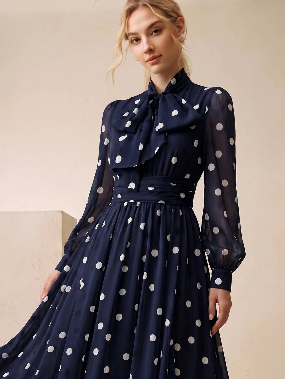 Women's New Summer Elegant Vintage Polka Dot Long Sleeve Halter Neck Tie Bow Waist Gathered Slimming Wavy Hem Full Skirt White Dress For Banquet Party Gathering
