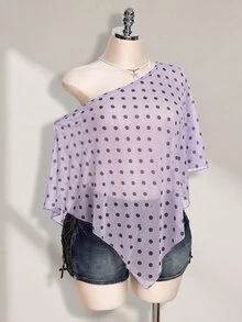 SHEIN ICON 女款大尺碼波點網紗不對稱上衣 - 紫丁香色 - 查看 4