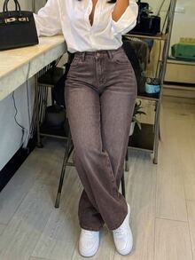 Slaydiva Celana Jeans Wanita Kasual Model Lebar dengan Motif Cuci - Coklat - View 5