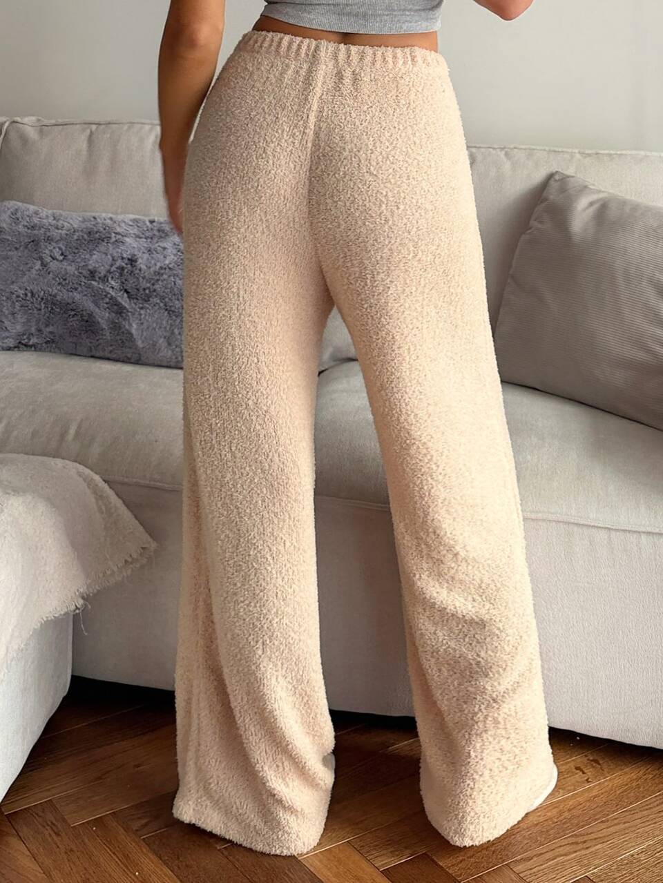 Women's Winter Plush Bow Embroidery Pattern Pajama Bottoms