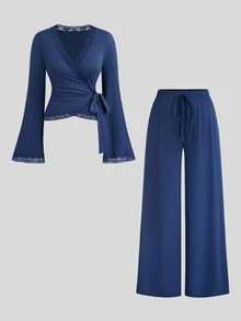 Sweetra Plus Size Cross Neck Top & Wide Leg Pants 2pcs Set Fall - Dusty Blue - View 1