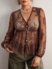 Freevana 女款蕾絲貝殼鈕扣透視襯衫 大尺碼寬鬆優雅休閒日常街頭出遊通勤度假 春夏女裝大尺碼襯衫 - 咖啡棕 - 查看 16