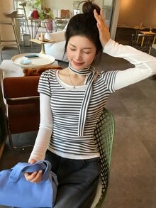 DAZY Women's Striped Short Sleeve Tie-Front T-Shirt - Grey - View 7