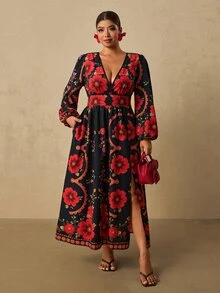 Travachic Plus Size Women's Black & Red Floral Print Long Dress, Long Sleeve V-Neck Front Slit Romantic Dress - Black - View 5