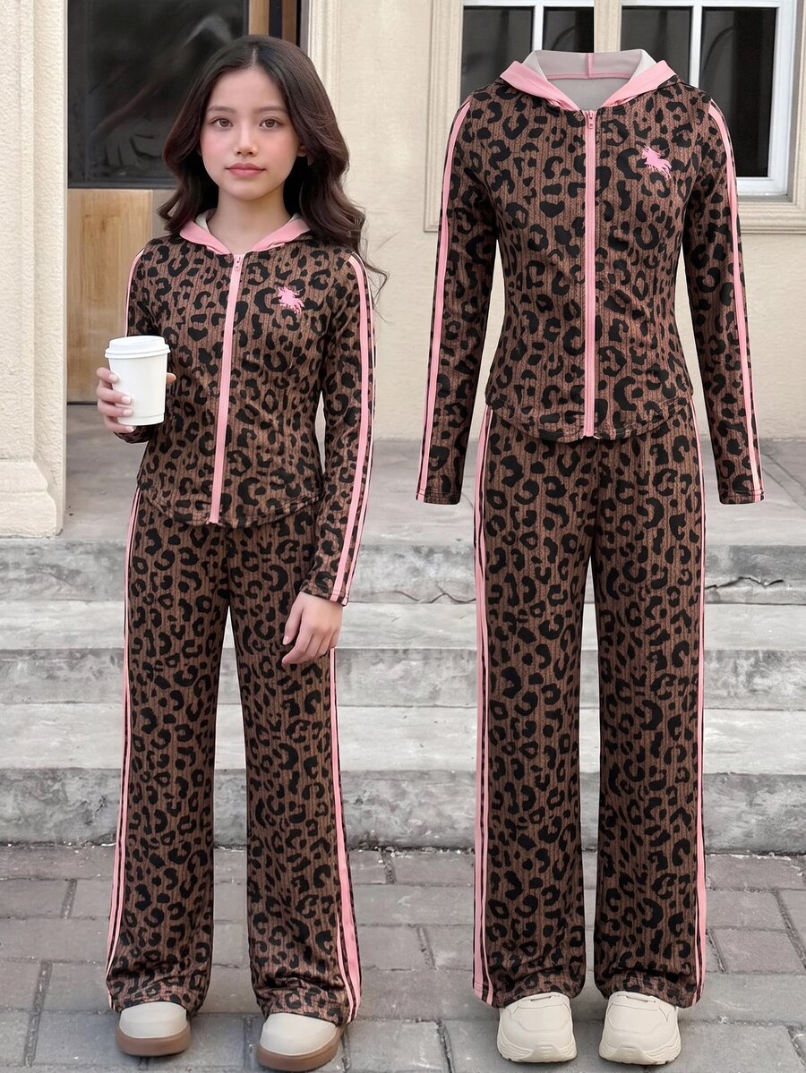 SHEIN 青少年女孩 2件組 純粉色抽繩連帽衛衣與寬腿長褲套裝,適合春季/秋季休閒與日常穿著 - 彩色 - 查看 1