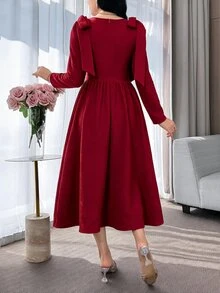 Feyla Women's Solid Color Shoulder Knot Long Sleeve Elegant Dress - Burgundy - View 6