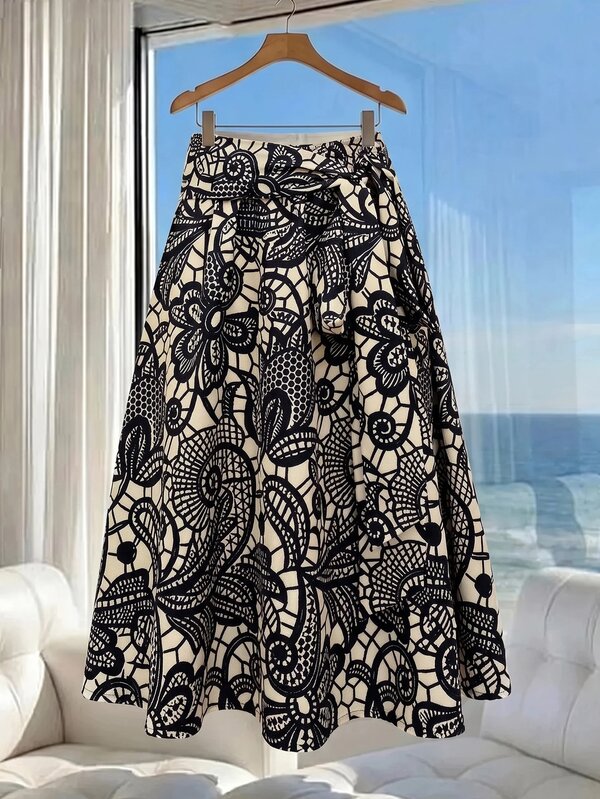SHEIN Clasi Tropical Print Tie-Front A-Line Skirt, Suitable For Vacation, Comfortable To Wear