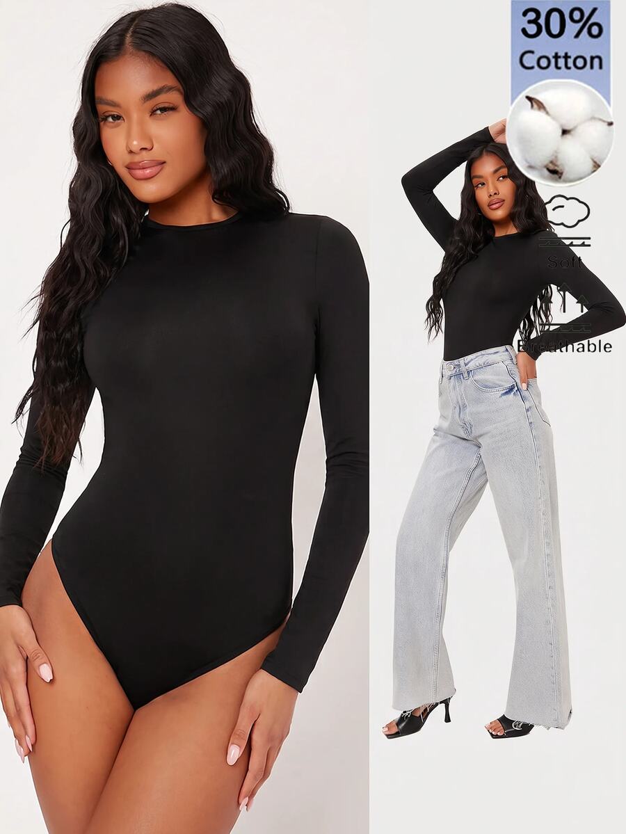 SHEIN BASICS Bodysuit Lengan Panjang Wanita Warna Polos, Pas Badan, Serbaguna, Warna Hitam, Cocok untuk Sehari-hari, Musim Gugur, Minimalis, Sederhana dan Serbaguna - Hitam - View 1