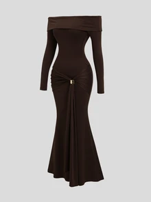 Sweetra Women's Slim Fit Long Sleeve Collared Metal Button Long Dress, Elegant Sexy Style Dinner Party Dark Brown Fall - Dark Brown - View 3