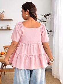 Enliva Blusa de talla grande con cuello cuadrado, ajuste holgado, volantes escalonados y manga corta - Rosa - Ver 2