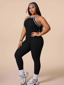 SHEIN Rhythm Era Women's Plus Size Halter Neck Fitted Sports Jumpsuit - Black - View 6