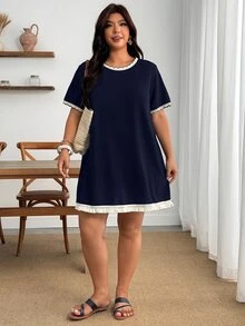 Enliva 大尺碼女款休閒優雅寬鬆圓領T恤洋裝，百搭夏季度假洋裝，度假晨曦海軍藍 - 藏蓝色 - 查看 4