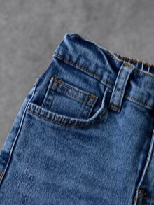 BATMAN X SHEIN Young Boy Bat Print Button Pocket Denim Jeans - Blue - View 5