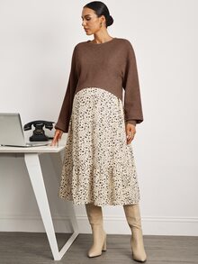 MaterniWear 孕婦純色圓領落肩長袖上衣與花卉無袖洋裝哺乳兩件套 - 棕色 - 查看 3