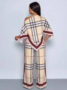 SOLERSUN 性感成熟端莊優雅女款經典格紋不對稱下擺不對稱肩上衣與長褲兩件套休閒度假米色夏季早午餐穿搭 - 卡其色 - 查看 3