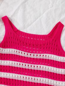 Girls' Perforated Beach Dress, Spaghetti Strap, Yellow And White Striped Color Block, Pleated Ruffle Hem, Cute Casual Versatile Summer Beach Vacation Dress - Hot Pink - View 6