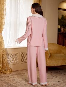 PalaceNights Conjunto de Pijama Feminino com Top de Manga Longa de Abotoamento Único e Calça, com Gola Peter Pan Bordada com Flores, Roupa de Outono/Inverno - Rosa chiclete - Visão 2