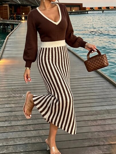 SHEIN PariChic Kadın Vintage Kahve ve Badem Rengi Dokulu Örgü Uzun Kollu V Yaka Renk Bloklu Çizgili Kazak Elbise, Günlük Giyim