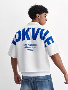 TOKVUE Men's White Cropped Short Sleeve Shirt, Front & Back Blue Letter Print Loose Streetwear Top - White - View 6